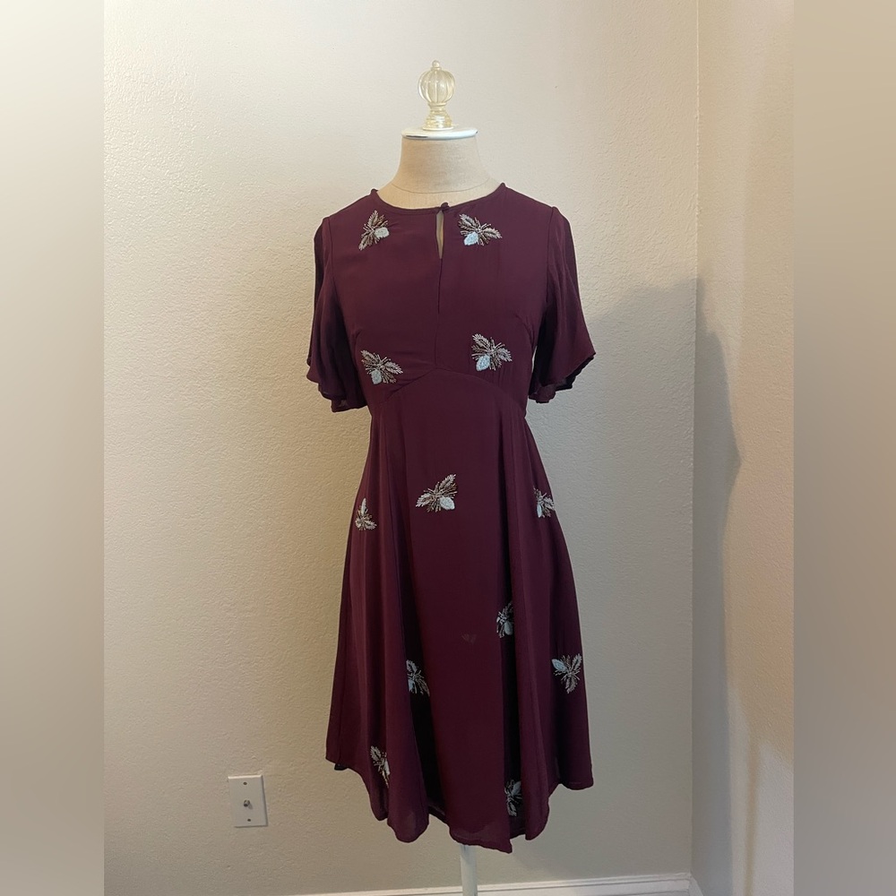 Moulinette Soeurs Burgundy Midi Dress with Butterfly Design